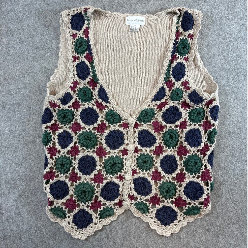 VTG 90s Jessica Roberts Sweater Vest Womens M Green Brown Crochet Boho Granny